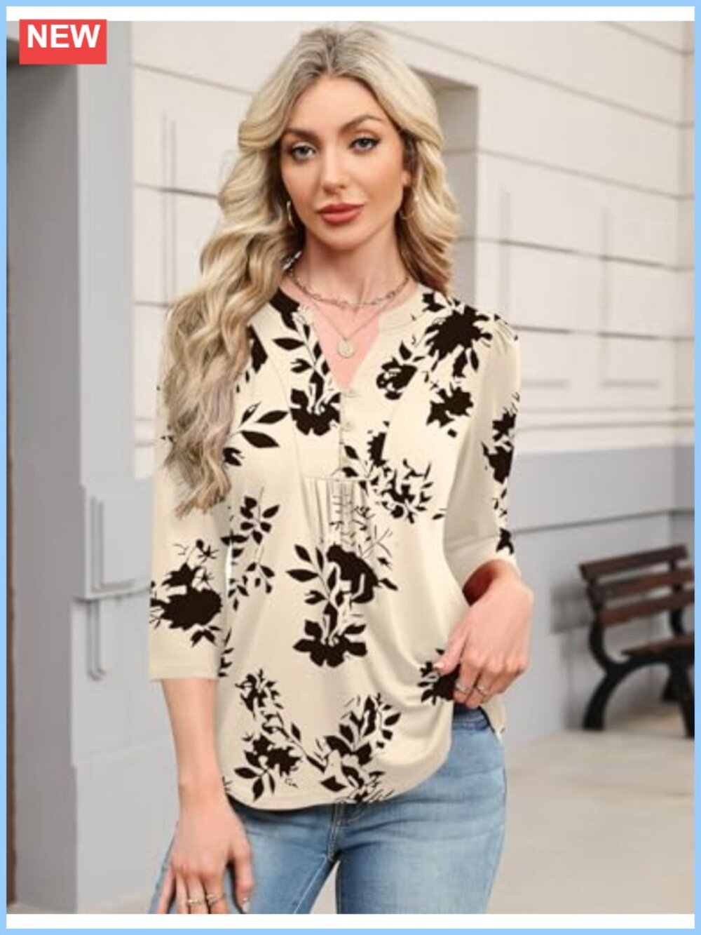 Womens 3/4 Sleeve Henley V-Neck Blouse Pleated Curved Hem - Picture 2 of 6